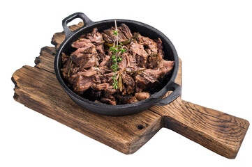 Slow cooked Shredded beef ragu in a skillet isolated on a white background. top view