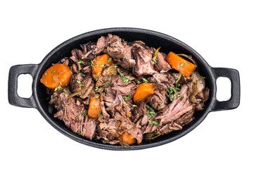 Skillet of beef bourguignon with tender beef, carrots, and mushrooms isolated on a white...