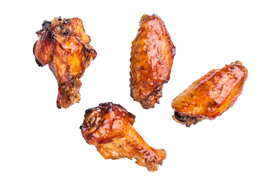 Deliciously sticky teriyakis sauce chicken wings, bursting with flavor, perfect for sharing at festive occasions or family dinners. isolated on white background. top view
