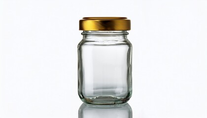 clear glass cylindrical jar with gold lid on white background