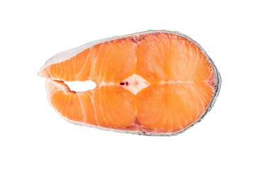 Fresh raw salmon fillet, glistening with moisture, ready for marinating or grilling. A perfect choice for healthy seafood lovers. isolated on white background. top view