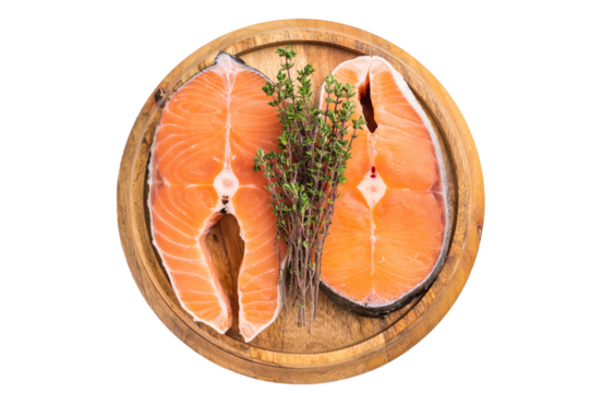Premium salmon loin steak, expertly cut and displayed, perfect for culinary creations. Elevate your dishes with this delicious seafood option. isolated on white background. top view