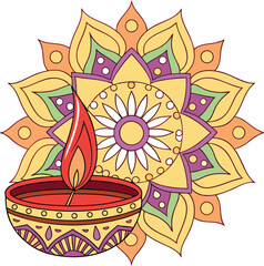 Traditional indian diwali diya oil lamp illuminated against a decorative mandala background featuring vibrant colors and cultural motifs for festive celebrations