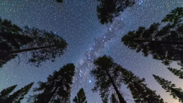 real time video is a low angle shot looking up through towering pine trees The trees form a black silhouette framing the breathtakingly clear night sky filled with stars and the Milky Way