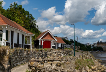 Traditional wooden beach huts in Scarborough's South Bay