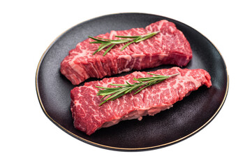 High-quality Denver cut, featuring a perfect balance of fat and meat steak. A great choice for those seeking a flavorful and juicy steak experience. isolated on white background. top view