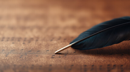 A close-up of a black quill pen resting on an aged manuscript with faded musical notes and text.