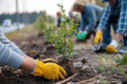 Co-workers are planting young trees in a community area as part of a corporate sustainability initiative aimed at enhancing local greenery and promoting environmental responsibility
