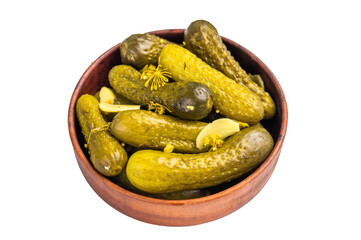 Pickled Gherkins beautifully arranged and ready to elevate your culinary creations with their bold taste. isolated on white background. top view