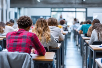 Fototapeta premium In a well-organized classroom, students are engaged in taking exams, seated in neat rows. The atmosphere is focused and quiet, promoting concentration among the learners