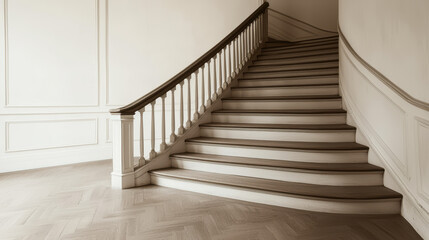 Fototapeta premium Elegant wooden staircase with classic white balusters and a smooth handrail in a bright, minimalist interior.