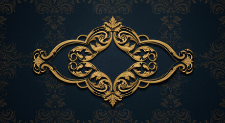 Ornate golden frame with floral details on a dark blue patterned background creating a luxurious feel