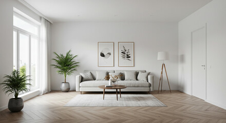 Fototapeta premium A bright living room with a gray sofa, two plants, a coffee table and two framed art pieces on the wall