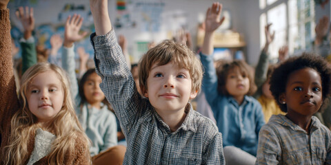 A curious young boy with his hand raised looks upwards, surrounded by other children actively participating, embodying eagerness to learn in a vibrant classroom