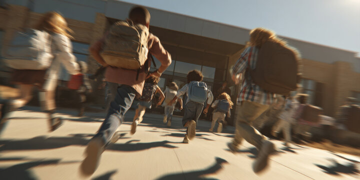A dynamic shot of multiple schoolchildren, seen from behind with their backpacks, energetically running towards a modern school building under bright sunshine, conveying excitement and movement - Powered by Adobe