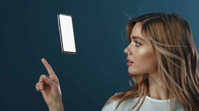 Tech-Savvy Elegance: A sophisticated woman, with a gaze fixed upon a sleek smartphone suspended mid-air, embodies modern innovation and tech-driven allure.