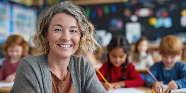 A radiant teacher with a genuine smile looks directly at the camera, while her diverse group of young students are engaged in learning activities in the soft-focused background.