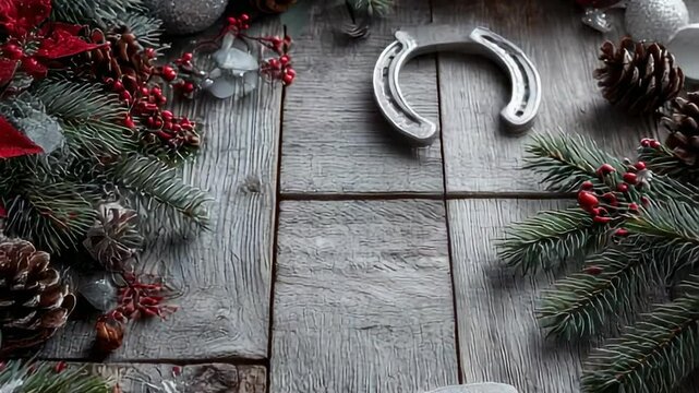 Festive Christmas decorations on a rustic wooden surface