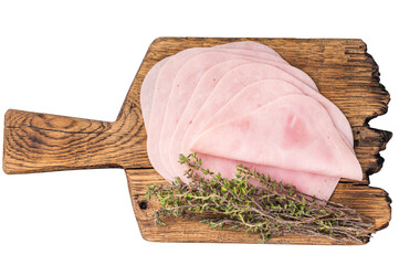 Delicious slices of cured ham on a wooden platter, ideal for entertaining and adding flavor to your...