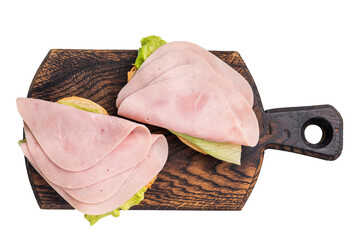 Freshly made ham sandwich on artisanal bread, inviting you to enjoy a tasty and satisfying bite....