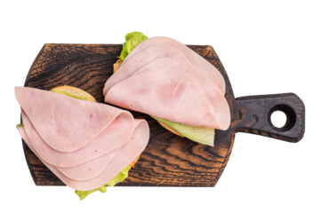 Freshly made ham sandwich on artisanal bread, inviting you to enjoy a tasty and satisfying bite. isolated on white background. top view