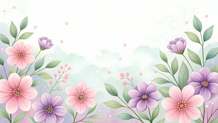 Fototapeta premium Pink and Purple Floral Border on Blue Pastel Background with Greenery