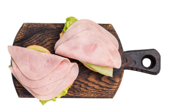 Freshly made ham sandwich on artisanal bread, inviting you to enjoy a tasty and satisfying bite. isolated on white background. top view