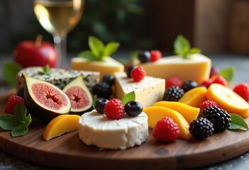 artfully arranged cheese platter seasonal fruit gourmet feast indulgent delight appetizer presentation, dessert, berry, grapes, figs, orange, apple, peach