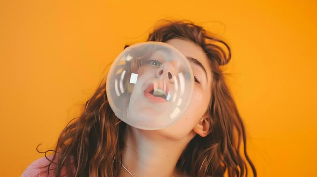 Bubble Gum Dream: A young woman with flowing brown hair, closes her eyes in pure joy as she blows an enormous bubble of transparent chewing gum. A vibrant photo captures the moment.