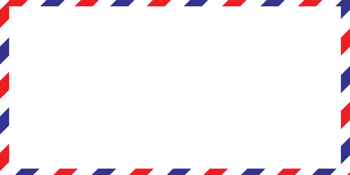 Airmail Envelope frame images with strips. International vintage letter border. Retro air mail postcard with blue and red stripes. Empty classic postal frame. Vector illustration