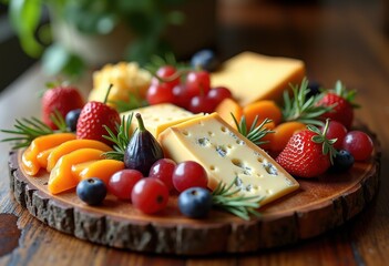 artfully arranged cheese varieties seasonal fruits elegant gourmet platter colorful display sensory feast culinary inspiration, variety, arrangement, slice