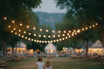 children playing together under string lights during community block party
