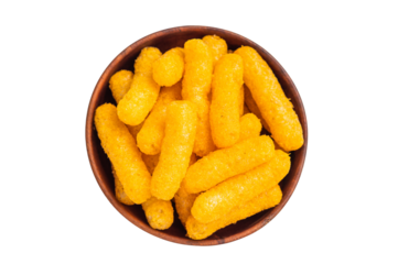  Irresistible Cheese puffs, cheese snacks bursting with bold flavors and a satisfying crunch. isolated on white background. top view