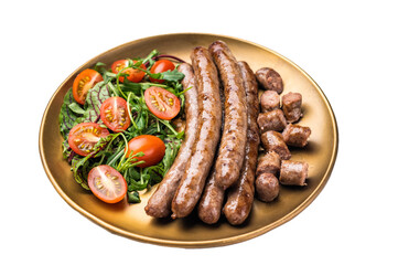 Close up of perfectly charred grilled sausage with salad, ideal for adding flavor to your favorite...