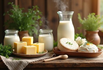 artfully arranged rustic dairy products cheese butter yogurt fresh milk cream farmhouse aesthetic natural ingredients authentic display, presentation, table