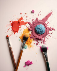  Vibrant Makeup Brushes with Pastel Powder Explosion On Beige Neutral background 