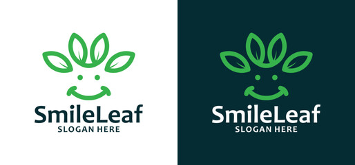 Simple Nature Smile Logo Vector with swirling leaves. Graphic Icon Illustration of Tree Leaf and Smile Face.
