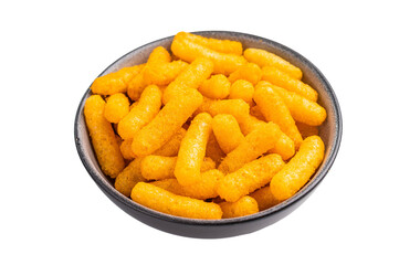 Deliciously addictive cheese flavored corn puffs, beautifully arranged on a plate. isolated on white background. top view