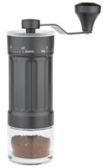 Coffee grinder with adjustable settings. Portable manual coffee bean grinder, pepper, salt. Hand mill. Conical ceramic burr coffee grinder with crank for travel, camping, office, espresso, pour over