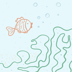 underwater background with marine life. drawing of a fish with bubbles and algae. pastel illustration of aquarium. line art children's drawing style.