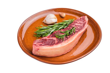 Raw sirloin beef steak, featuring a vibrant hue and well defined grain. isolated on white background. top view