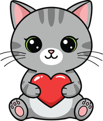 Cute gray kitten holding a red heart symbol of love and affection in adorable cartoon style 