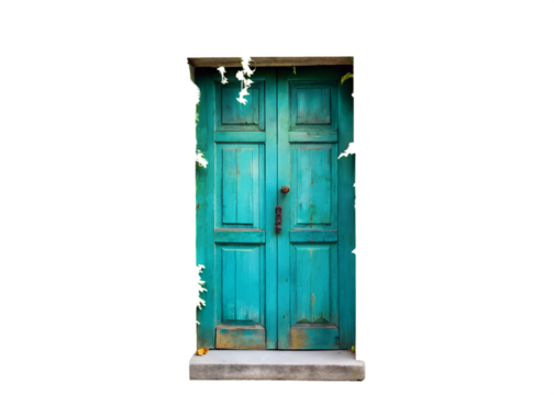 Photo of an old blue wooden door with weathered texture evokes a sense of history, isolated on transparent background