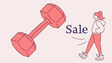 Dynamic vector illustration of a dumbbell and a woman walking for fitness sale advertising