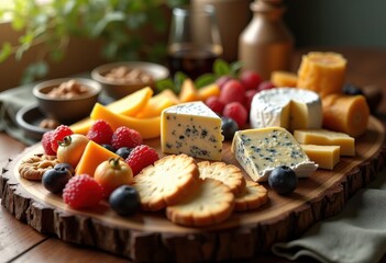 assorted gourmet cheeses artsy charcuterie board display rustic wooden platter flavorful delight appetizing cheese selection, artisan, creamy, sharp