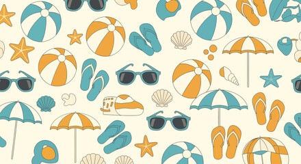 Summer beach elements pattern with sunglasses beach balls umbrellas and flipflops.