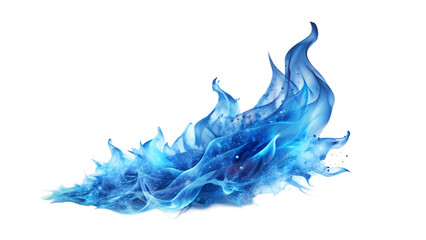 Photo of an abstract blue flame with glowing particles and a dynamic swirling motion is isolated on a transparent background