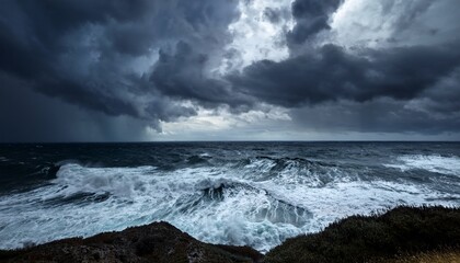 dramatic dark clouds over tumultuous ocean waves during early stages of a stormy sea