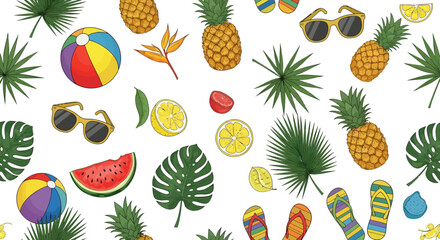Vibrant Summer Pattern with Tropical Fruits Beach Ball Sunglasses and Palm Leaves.