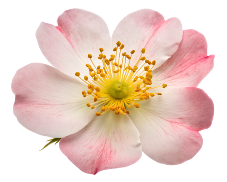 A delicate pink and white wildflower bloom with yellow stamens, isolated on a transparent background